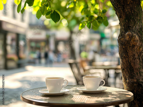 Two white coffee cups sit on a table in front of a tree