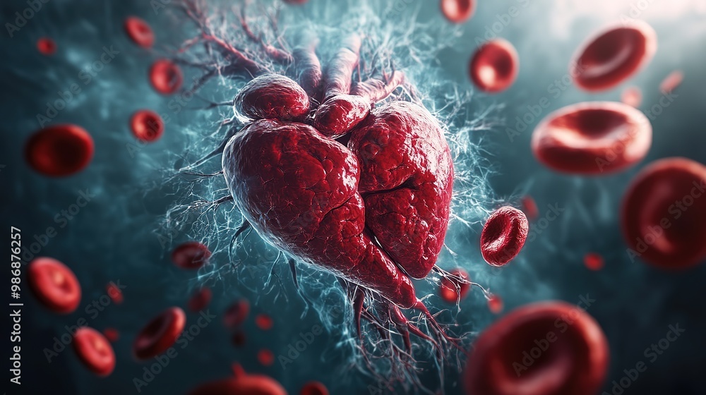 Fototapeta premium Human heart with cardio pulse line chromosome and Flowing red blood cells