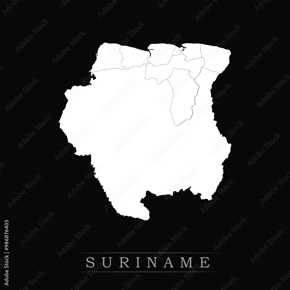 Obraz premium White political maps of Suriname isolated on black background.