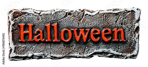 Stone Halloween signboard with red engraved letters, isolated on transparent cutout background photo