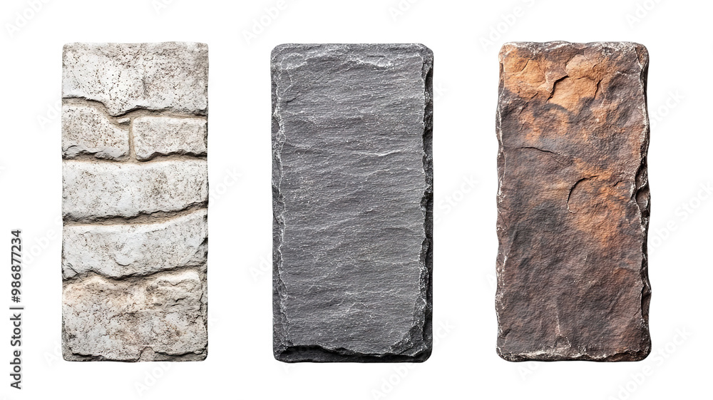 Set of vertical rectangular stone signboards with textured surfaces, isolated on transparent cutout background Set of vertical rectangular stone signboards with textured surfaces, isolated on transparent cutout background