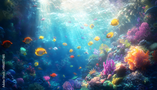 A dreamy underwater scene with schools of colorful fish, corals, and rays of sunlight penetrating through the water’s surface