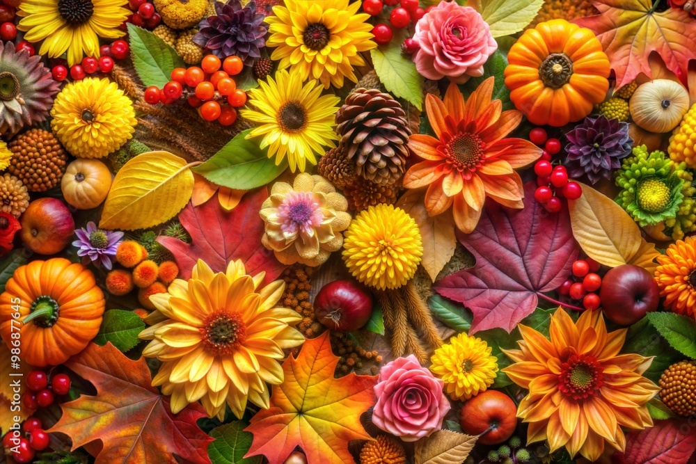 Autumnal arrangement of flowers leaves and gourds Autumnal arrangement of flowers leaves and gourds