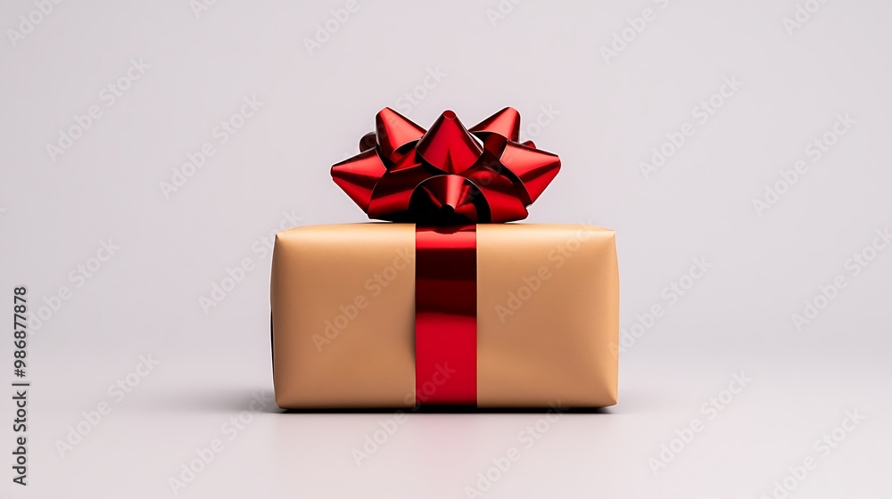 Elegant Gift Box with Red Bow and Ribbon on Minimal Background Elegant Gift Box with Red Bow and Ribbon on Minimal Background