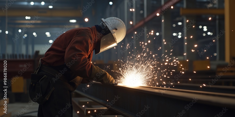 Welder creating sparks as they work in an industrial environment, showcasing intense focus and precision at night. Welder creating sparks as they work in an industrial environment, showcasing intense focus and precision at night.