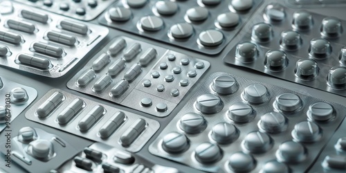 Close-up of pharmaceutical blister packs and pill bottles, showcasing the careful design and packaging used to secure medications and provide clear usage instructions photo