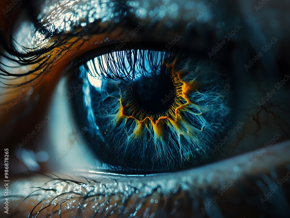 a detailed closeup of a blue eye, exuding an attractive, Highlighting Details and Vibrant Colors, a detailed closeup of a blue eye, exuding an attractive, Highlighting Details and Vibrant Colors,