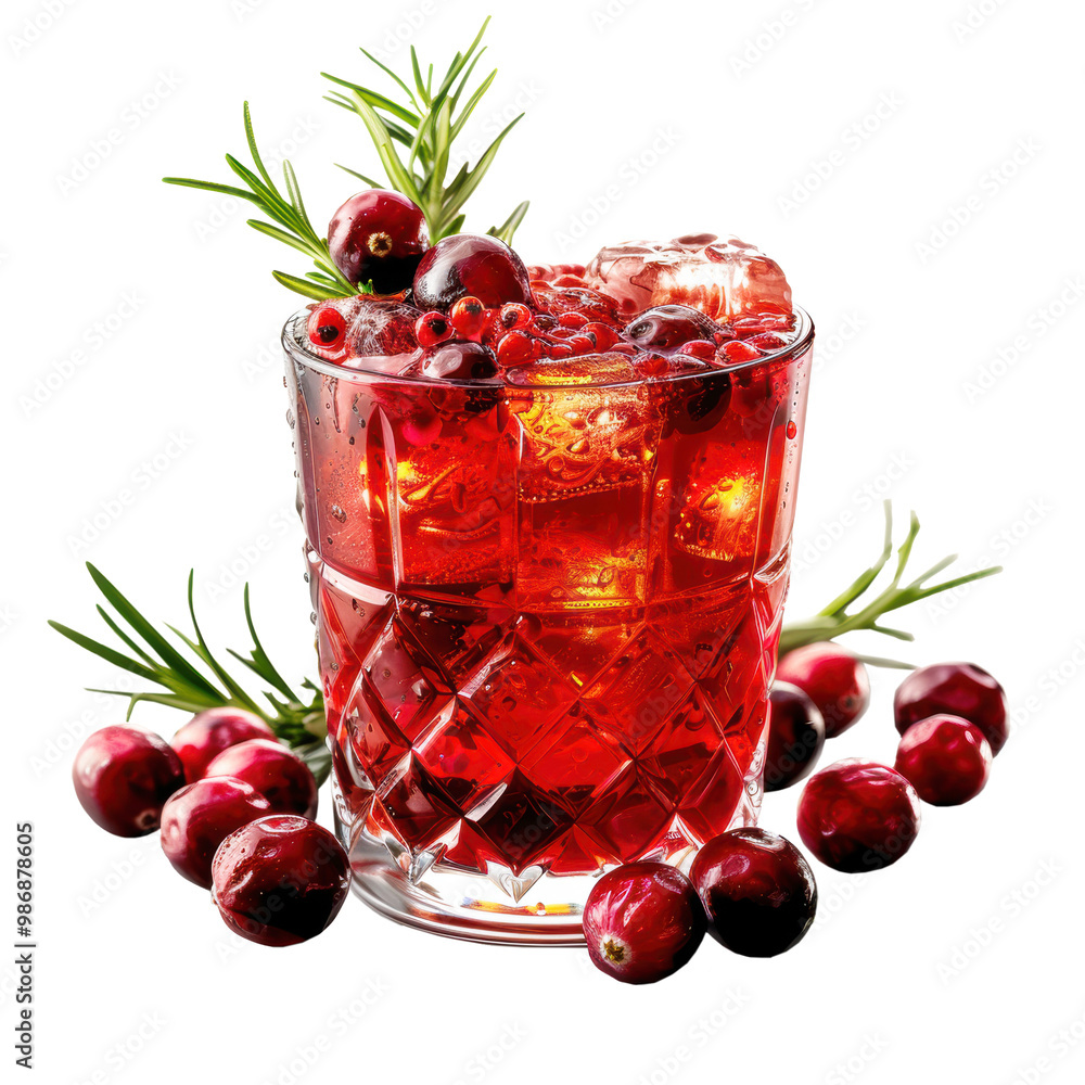 Fresh cranberry and rosemary with ice cube in clear glass object clip art and element Fresh cranberry and rosemary with ice cube in clear glass object clip art and element