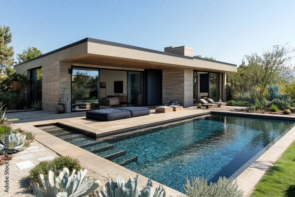 Fototapeta premium Modern geometric concrete home overlooking desert cityscape with swimming pool