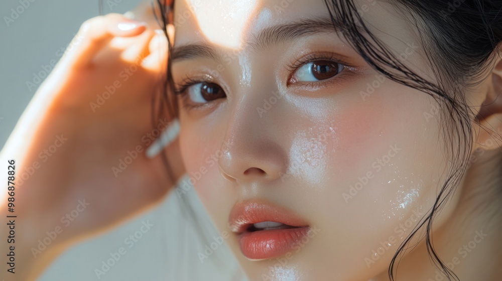Fototapeta premium Close-up of a young Asian woman gently tapping a serum into her skin, emphasizing hydration and glowing skin.