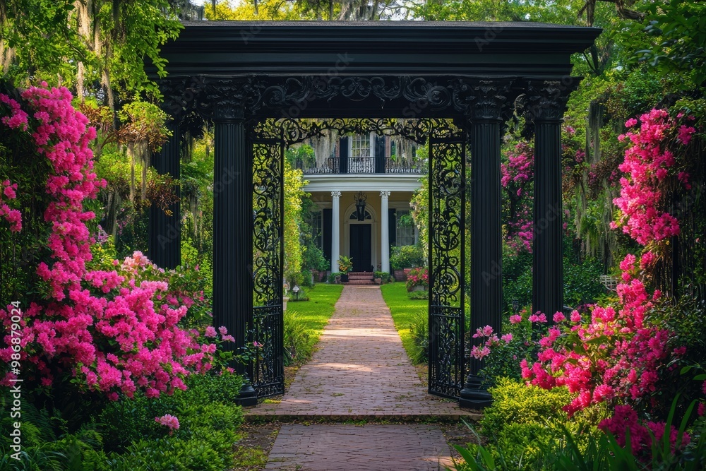 Naklejka premium Brick pathway leading to beautiful southern antebellum style mansion