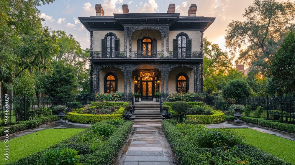 Naklejka premium Beautiful southern style mansion with ornate ironwork at sunset