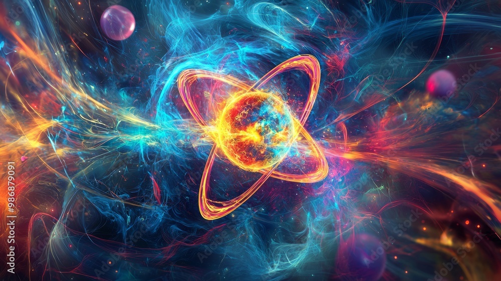 Nuclear Fission - Abstract Artistic Representation of Splitting Atom with Colorful Energy Swirls Nuclear Fission - Abstract Artistic Representation of Splitting Atom with Colorful Energy Swirls