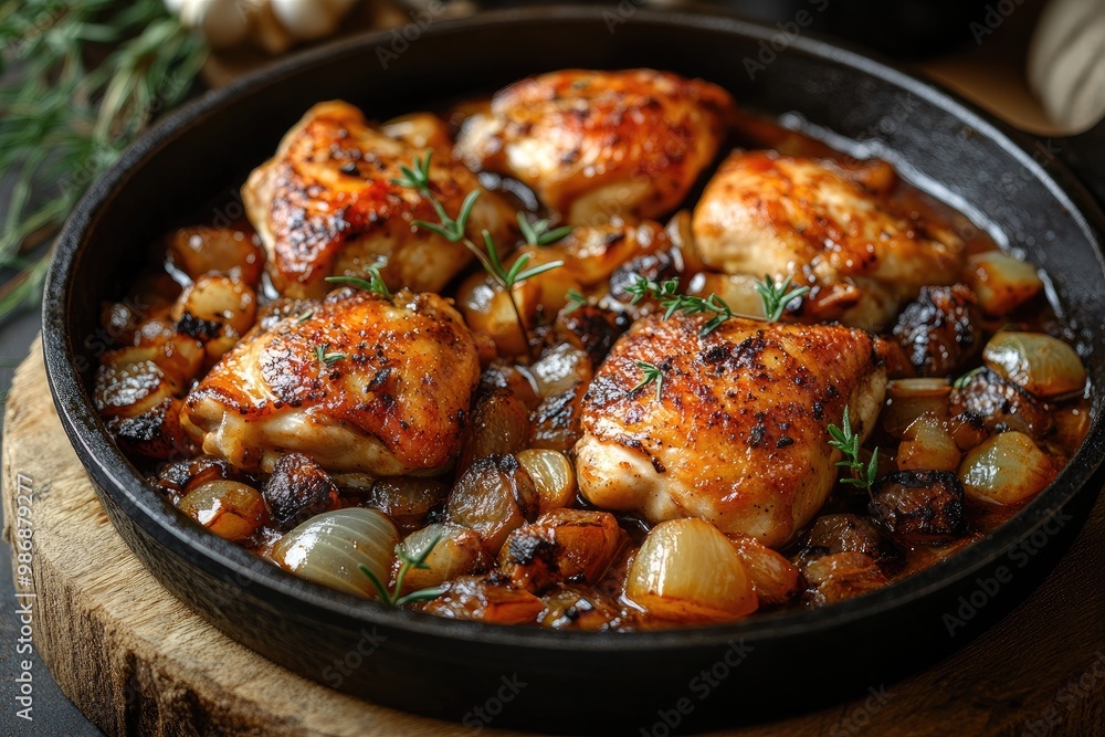 Delicious chicken breast fillets frying in cast iron skillet with sauteed onions and herbs Delicious chicken breast fillets frying in cast iron skillet with sauteed onions and herbs