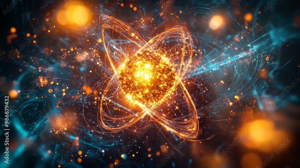 Obraz premium Illuminated Nuclear Fission - Abstract Depiction of Atom Splitting with Glowing Particles and Energy Release