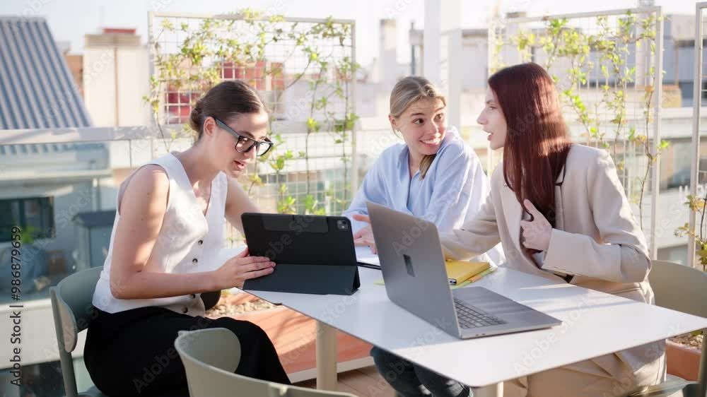 In a bright, welcoming workspace, three enthusiastic women engage in a collaborative meeting, demonstrating teamwork, professionalism, and creative ideas that inspire innovation and synergy In a bright, welcoming workspace, three enthusiastic women engage in a collaborative meeting, demonstrating teamwork, professionalism, and creative ideas that inspire innovation and synergy