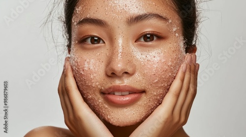 Young Asian woman gently exfoliating her skin with a facial scrub, focusing on smoothness and glowing complexion.