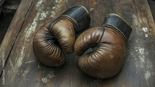 photo of vintage boxing gloves on rustic wooden table, aged and worn leather gloves, antique sports memorabilia, classic brown boxing gloves, retro fighting gear, close-up of old-fashioned gloves, his photo