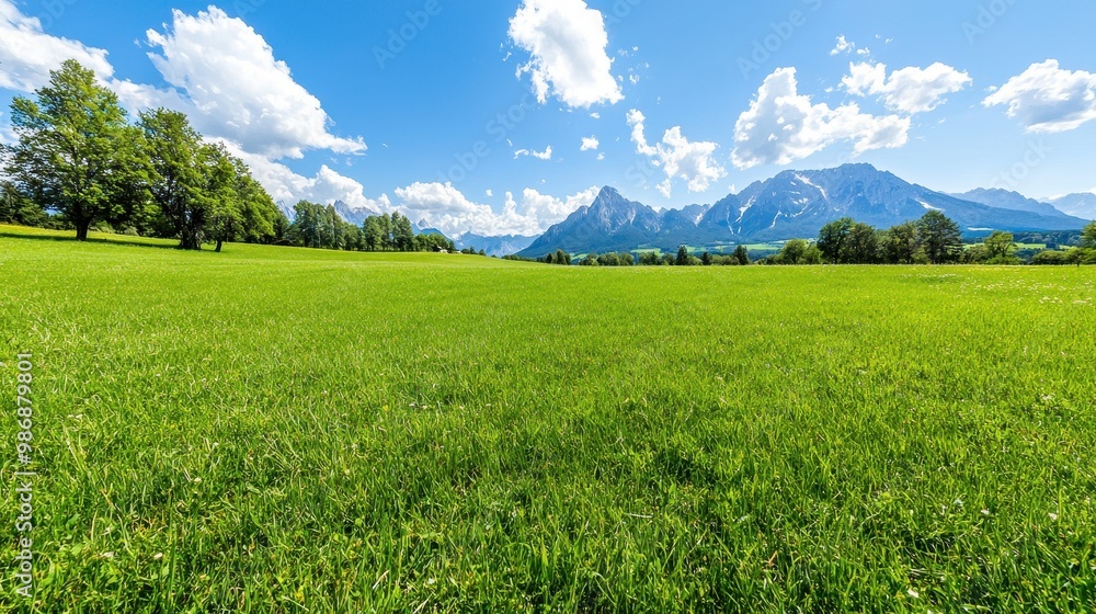 Lush Green Field with Majestic Mountains in Background Lush Green Field with Majestic Mountains in Background