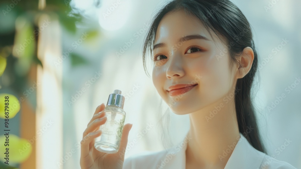 Young Asian woman holding a face mist bottle, smiling as she refreshes her skin after a long day. Young Asian woman holding a face mist bottle, smiling as she refreshes her skin after a long day.