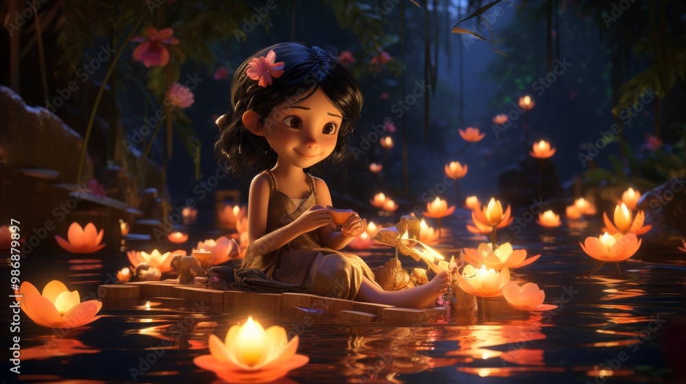 Celebration of Loy Krathong in 3D Cartoon Style Celebration of Loy Krathong in 3D Cartoon Style