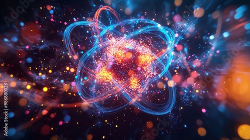 Energetic Fission Process - Dynamic 3D Render with Colorful Energy Bursts and Atomic Interactions