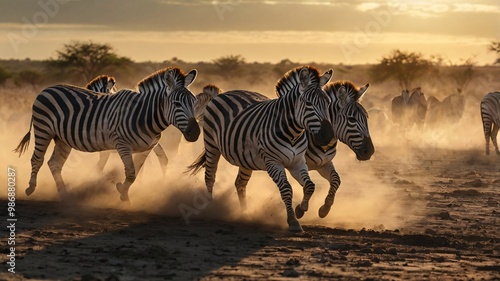 Zebras running in unison across a dusty landscape photo