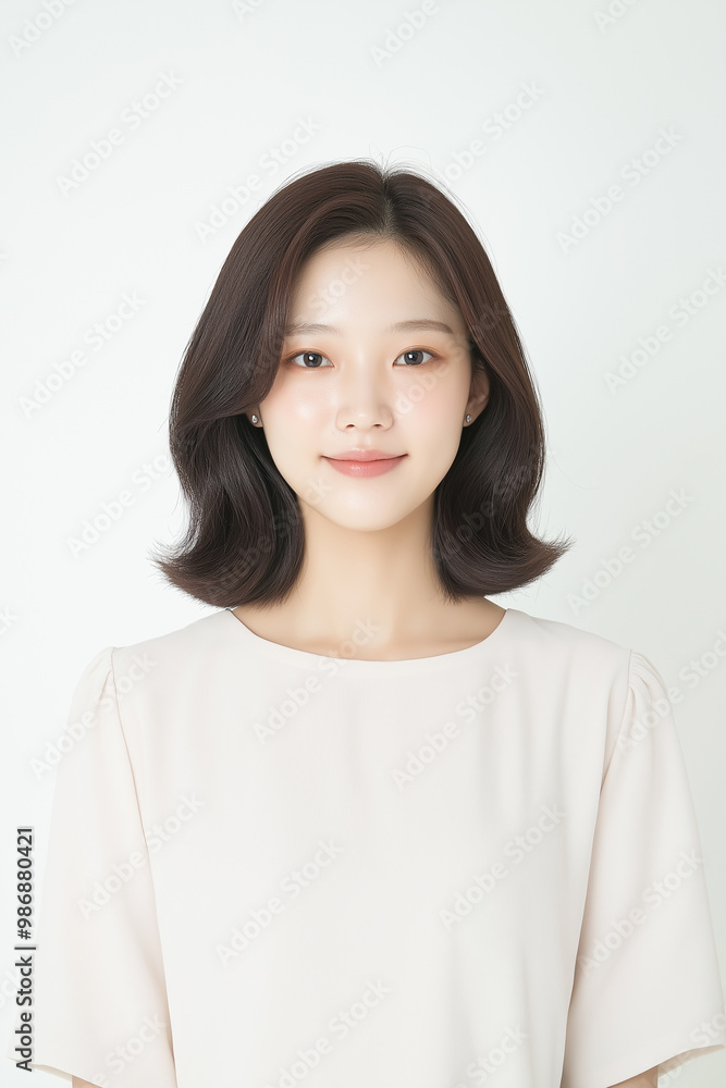 Portrait of a Young Woman with Layered Haircut in Minimalist White Outfit Portrait of a Young Woman with Layered Haircut in Minimalist White Outfit