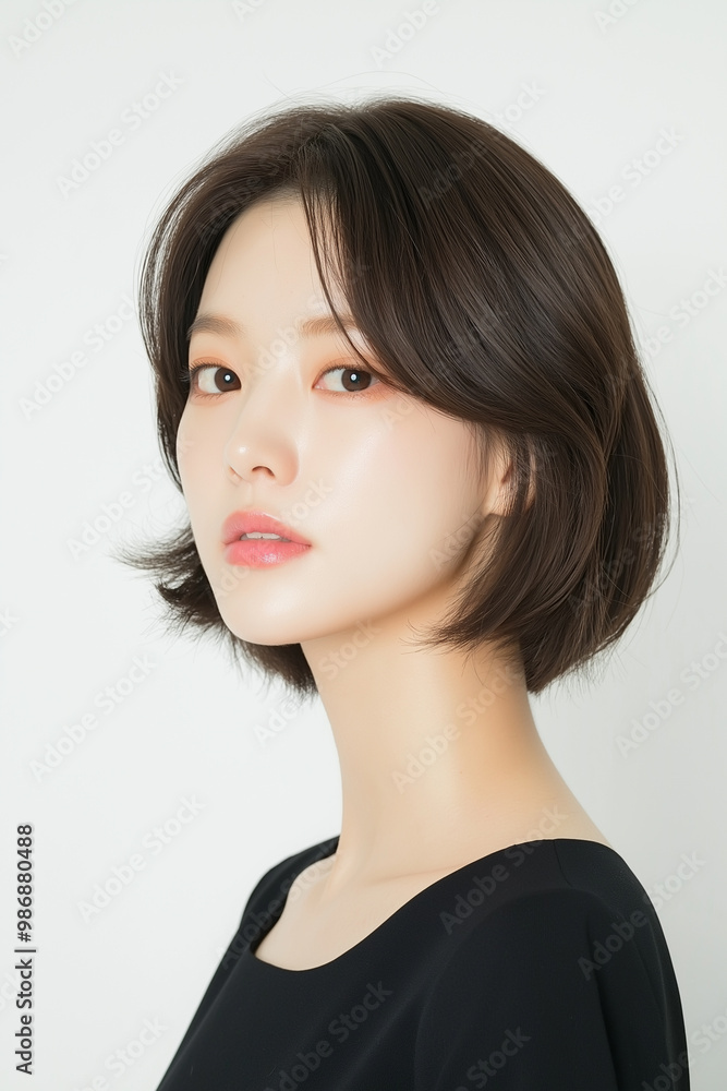 Portrait of a young woman with healthy layered hair, Korean beauty.