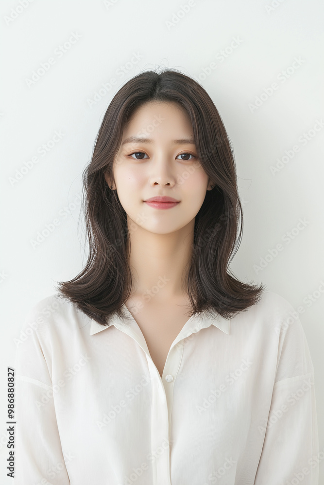 Portrait of a Young Woman with Layered Haircut in Minimalist White Outfit Portrait of a Young Woman with Layered Haircut in Minimalist White Outfit