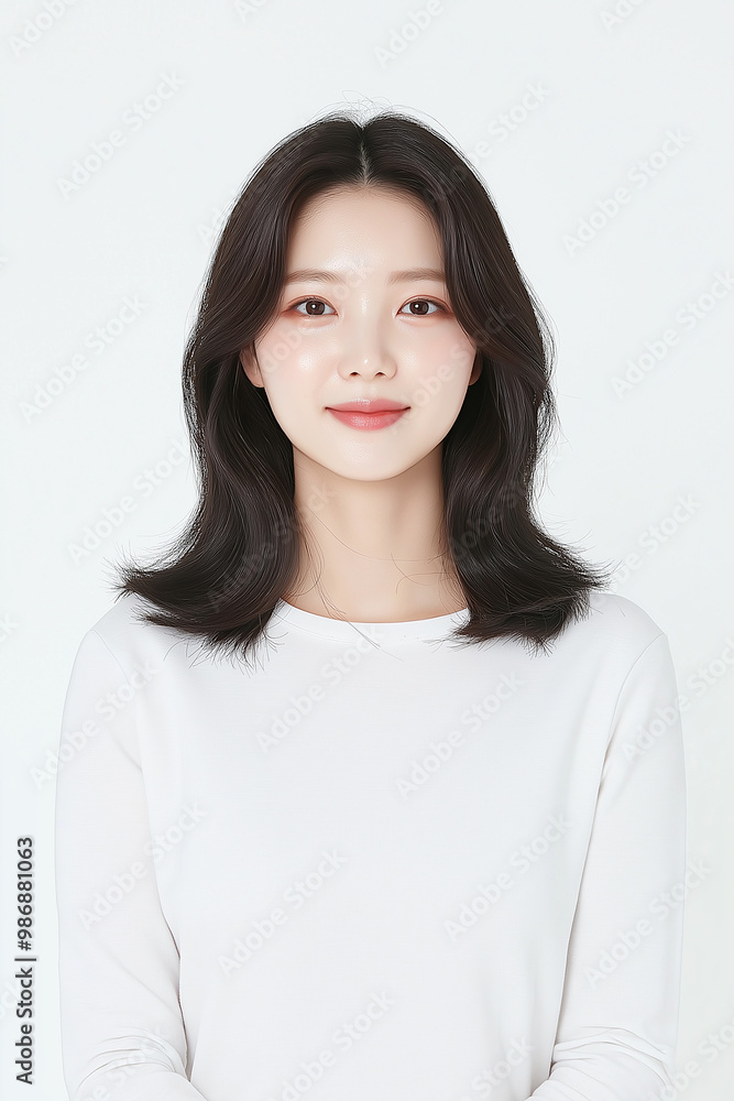 Portrait of a Young Woman with Layered Haircut in Minimalist White Outfit Portrait of a Young Woman with Layered Haircut in Minimalist White Outfit