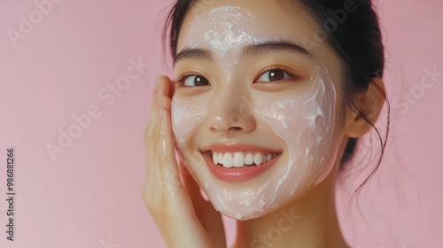 Young Asian woman with radiant skin, smiling while applying an overnight mask before bed, promoting beauty sleep.