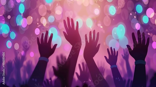 Energetic crowd at a neonlit concert, raising hands and celebrating, with vibrant blues and purples blending in stage lights.