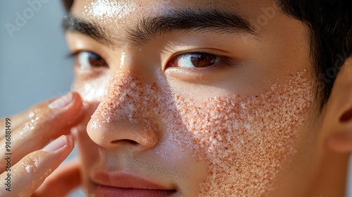 Close-up of a young Asian man exfoliating his skin with a gentle scrub to maintain a smooth and clear complexion.