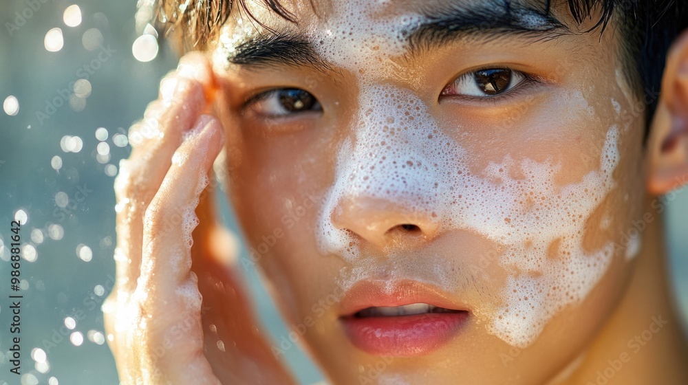 Close-up of a young Asian man gently cleansing his face with a foam cleanser as part of his skincare routine. Close-up of a young Asian man gently cleansing his face with a foam cleanser as part of his skincare routine.