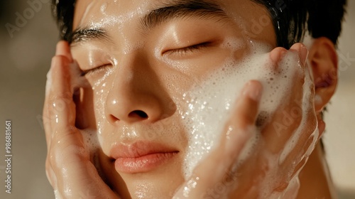 Close-up of a young Asian man gently cleansing his face with a foam cleanser as part of his skincare routine. photo