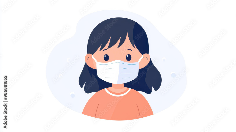 A young girl sports a cute medical mask, emphasizing health and safety in a vibrant, cartoonstyle illustration. A young girl sports a cute medical mask, emphasizing health and safety in a vibrant, cartoonstyle illustration.
