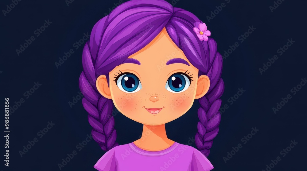 A whimsical flat illustration showcasing a little girl with vibrant purple hair, adorned in playful textures and colors. A whimsical flat illustration showcasing a little girl with vibrant purple hair, adorned in playful textures and colors.