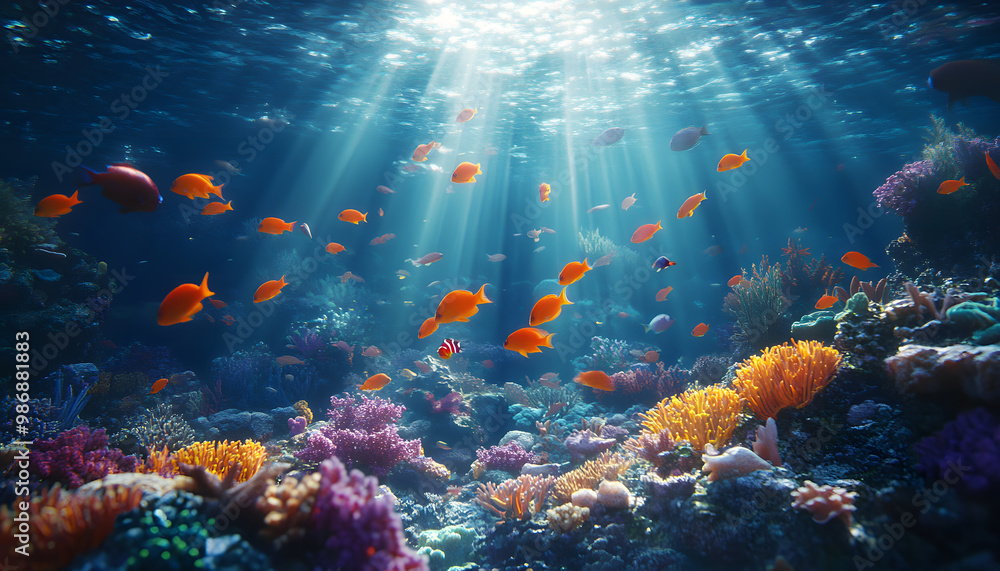 A dreamy underwater scene with schools of colorful fish, corals, and rays of sunlight penetrating through the water’s surface A dreamy underwater scene with schools of colorful fish, corals, and rays of sunlight penetrating through the water’s surface