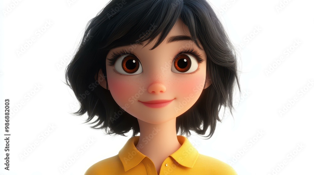 A stylish 3yearold mother with black hair, wearing a cheerful yellow shirt against a clean white background. A stylish 3yearold mother with black hair, wearing a cheerful yellow shirt against a clean white background.