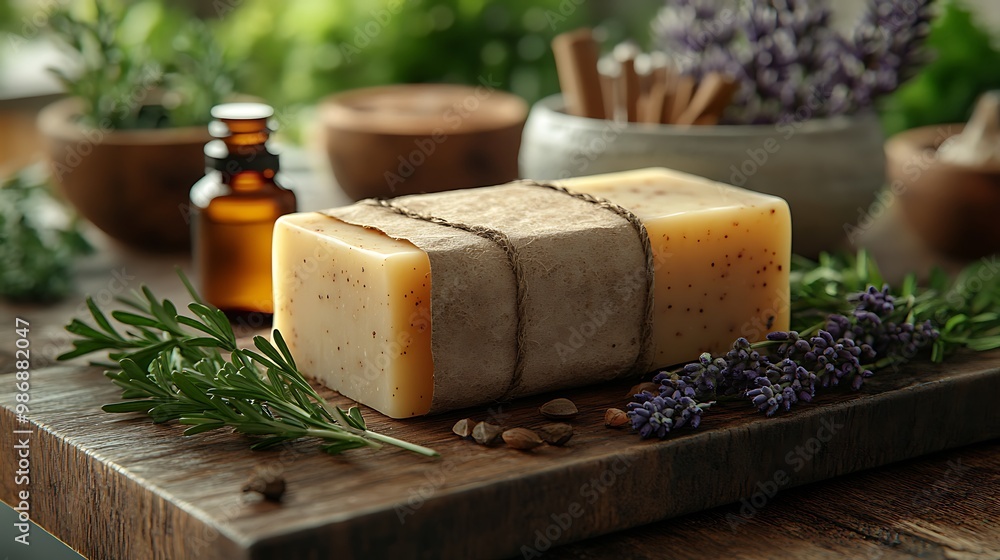 Handmade soap bar on a wooden cutting board with lavender and rosemary sprigs, cinnamon sticks, and an amber glass bottle. Handmade soap bar on a wooden cutting board with lavender and rosemary sprigs, cinnamon sticks, and an amber glass bottle.