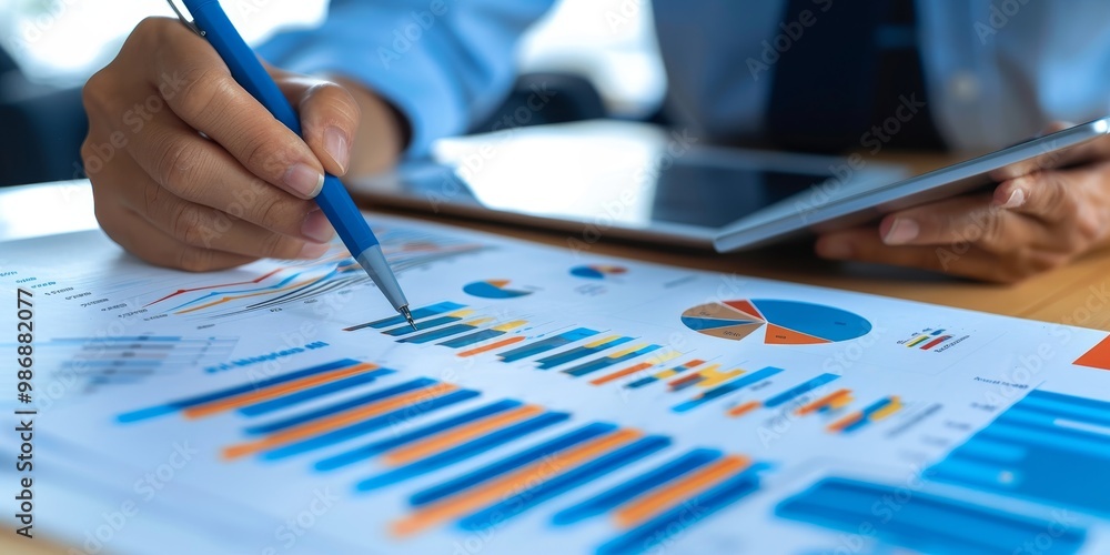 Close-up of a financial professional analyzing portfolio performance with charts, graphs, and data tables, highlighting detailed review and strategic financial planning Close-up of a financial professional analyzing portfolio performance with charts, graphs, and data tables, highlighting detailed review and strategic financial planning
