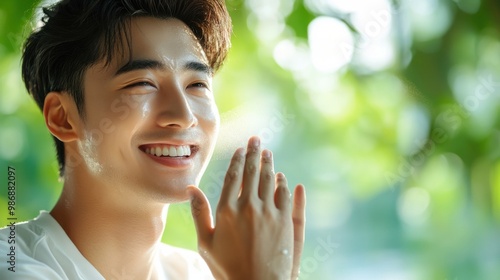 Smiling young Asian man applying a face mist to refresh and hydrate his skin during the day.