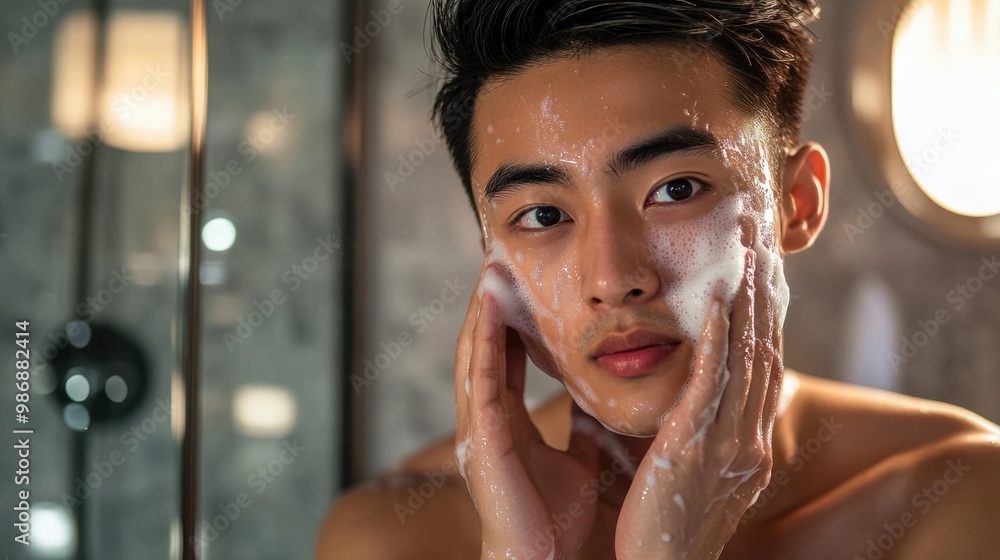 Young Asian man in a modern bathroom, washing his face with a gel cleanser, focusing on a fresh start to the day. Young Asian man in a modern bathroom, washing his face with a gel cleanser, focusing on a fresh start to the day.