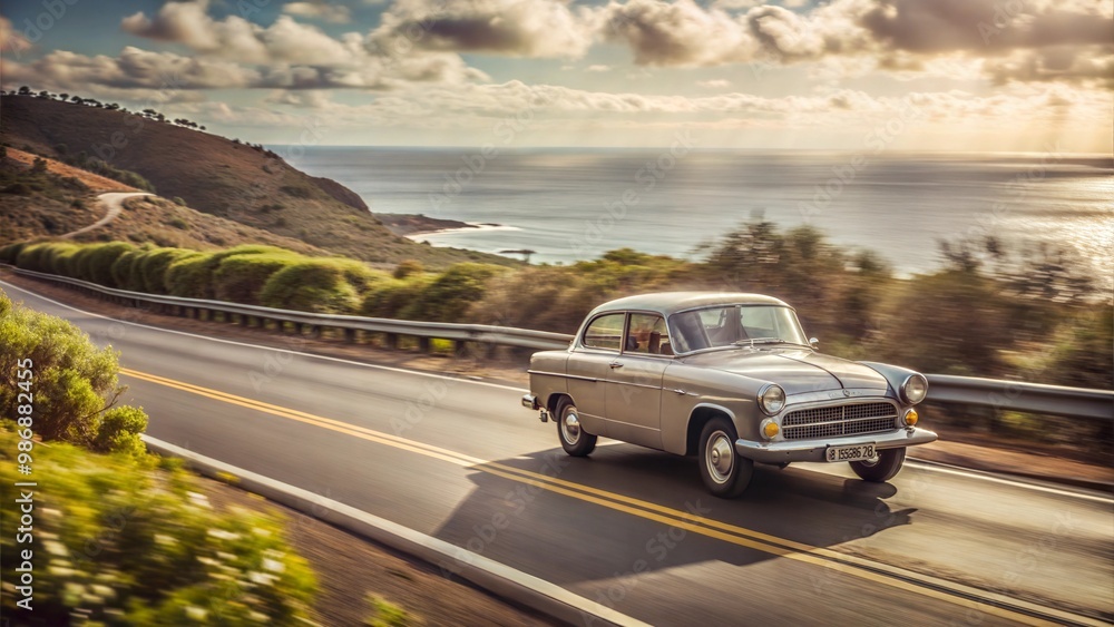 Fototapeta premium Retro car on the street with coastal view