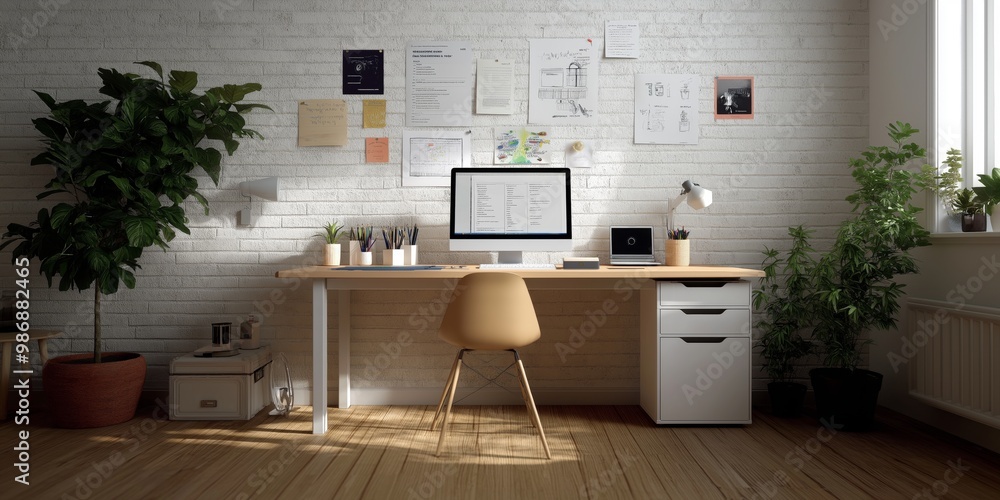Fototapeta premium A minimalist home office setup with desk, computer, chair, potted plants, white brick wall, and pinned papers.