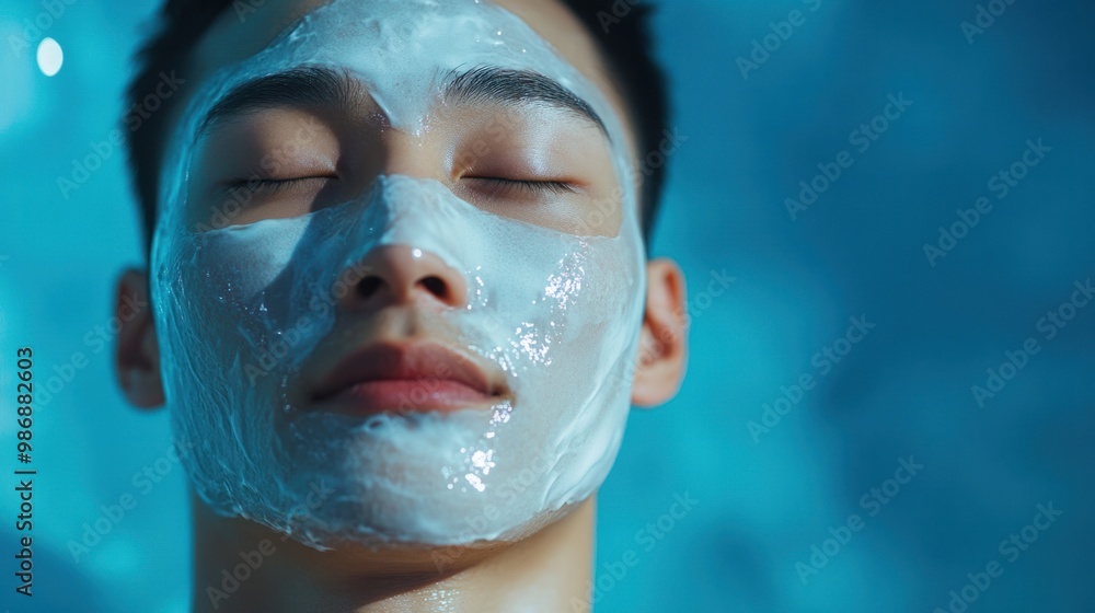 Young Asian man using a facial mask, focusing on detoxifying and rejuvenating his skin after a long day. Young Asian man using a facial mask, focusing on detoxifying and rejuvenating his skin after a long day.