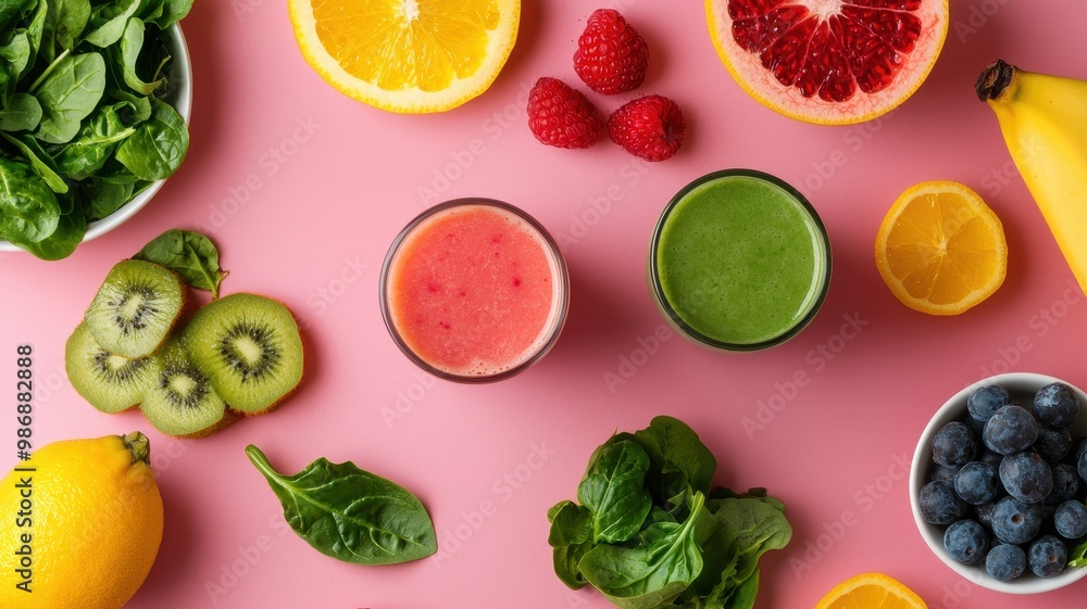 Colorful mix of fruits and smoothies on pink background, showcasing healthy eating. Colorful mix of fruits and smoothies on pink background, showcasing healthy eating.