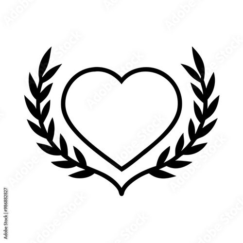 Heart with laurel wreath icon for love, victory, honor, black and white, vector design
