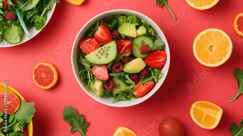 Fresh salad with strawberries, avocados, and greens on a vibrant pink background.